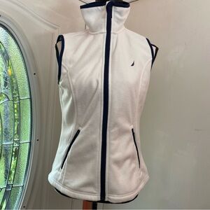 Nautica Women's  Size S Full Zip 2 Pockets Sleeveless Vest, White Blue Trim